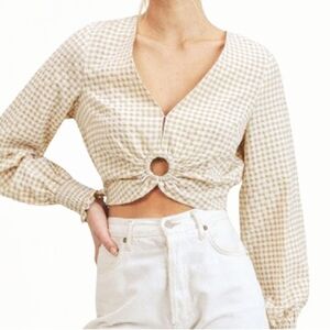 Ish The Gingham Print O Ring Top Womens  Small Tan And White Long Sleeve Crop